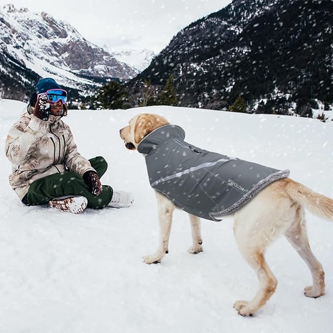 VIVAGLORY Snowrap Dog Coat, Jacket with Harness Hole & Velcro Closure, Dog Coat for Winter & Cold Weather, Fluffy Warm Fleece Lined Reflective Water Resistant for Puppy, L, Grey