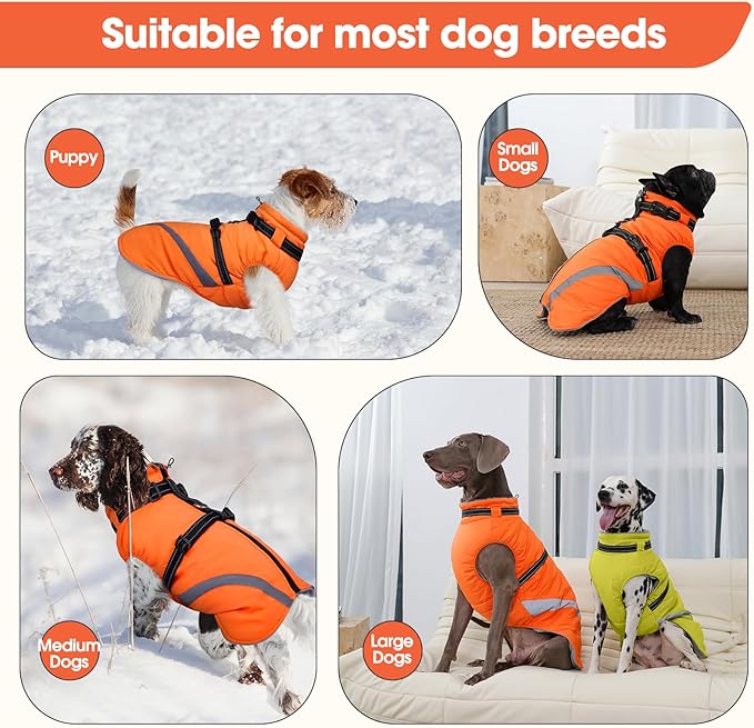 BRKURLEG Dog Winter Jackets for Large Dogs, Dog Coat with Harness Built in, Dogs Snowsuits with Zipper, Waterproof Windproof Pet Puffer Jacket Fleece Vest for Beagle, Pitbull, Orange XL