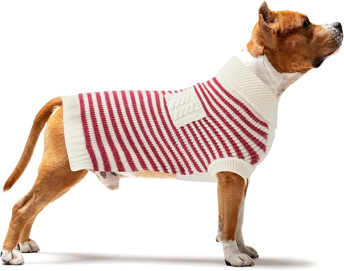 Small Dog Sweater, Knitted Striped Pullover Dog Clothes for Cold Weather, Thick Warm Cozy Stretchy Sweater for Chihuahua, Bulldog, Dachshund, Pug(Red & White Strip, L)