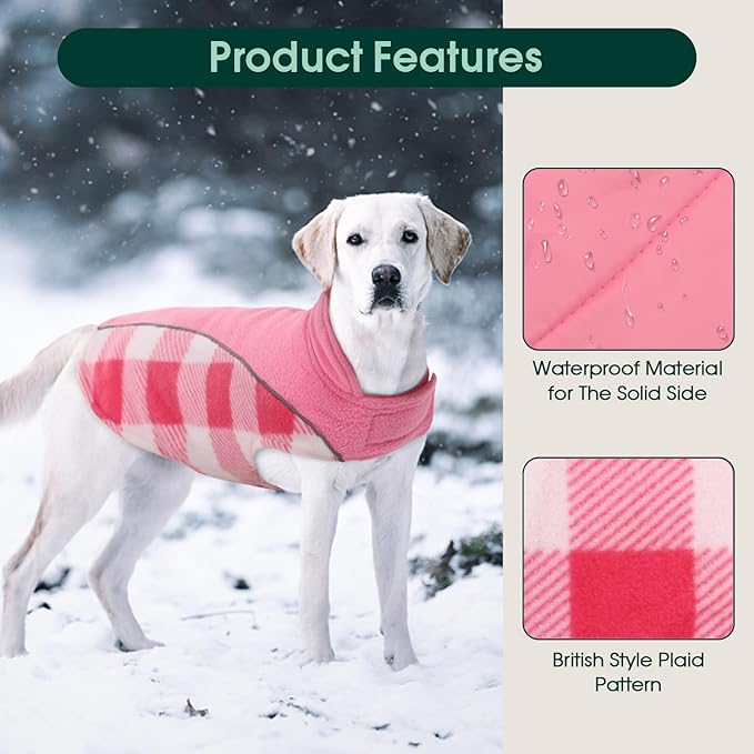 Kuoser Dog Winter Coat, Reversible Waterproof Dog Jacket with Reflective Strip, Warm Dogs Fleece Vest Adjustable Doggy Cold Weather Clothes Plaid Christmas Outfit Pet Apparel for Medium Dogs, Pink M
