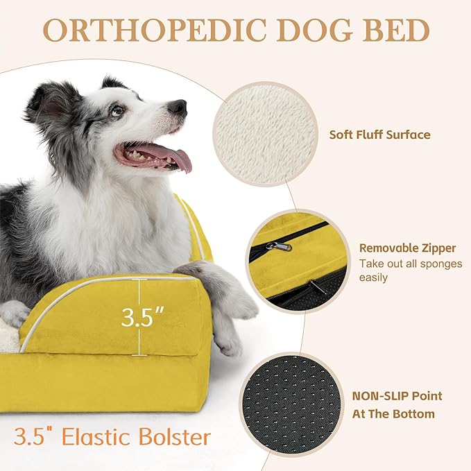 Comfort Expression Orthopedic Dog Bed for Small Dogs 20x14 Inch, Waterproof Egg Crate Foam Small Pet Bed with Removable Bolsters, Dog Couch with Washable Cover & Non-Slip Bottom, Spicy Mustard