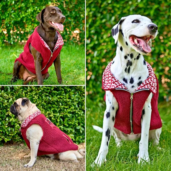 Tuff Pupper Reversible Fleece Sweater Vest for Dogs | Lightweight Comfortable Insulated Jacket | Front Zip Closure | Machine Washable | Built-in Leash Hole | Sizes for All Breeds (Large, Red)
