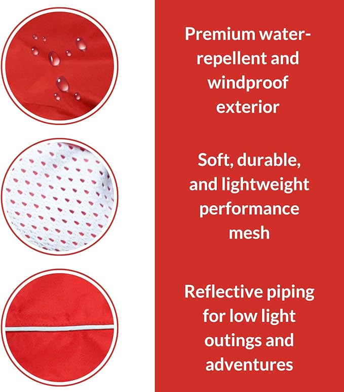 DJANGO Dog Jacket & Raincoat – Lightweight Water-Resistant Coat for Small, Medium & Long Dogs Like Dachshunds – Reflective, Adjustable Fit, Harness-Compatible & Easy-Access Harness Hole - Red, Large