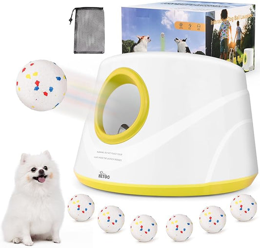 HETOO Automatic Ball Launcher for Dogs: Ball Launcher for Dogs - Automatic Tennis Ball Thrower for Dogs, with 6 Balls- Interactive Dog Toys - Small/Medium Sized Launcher- Yellow