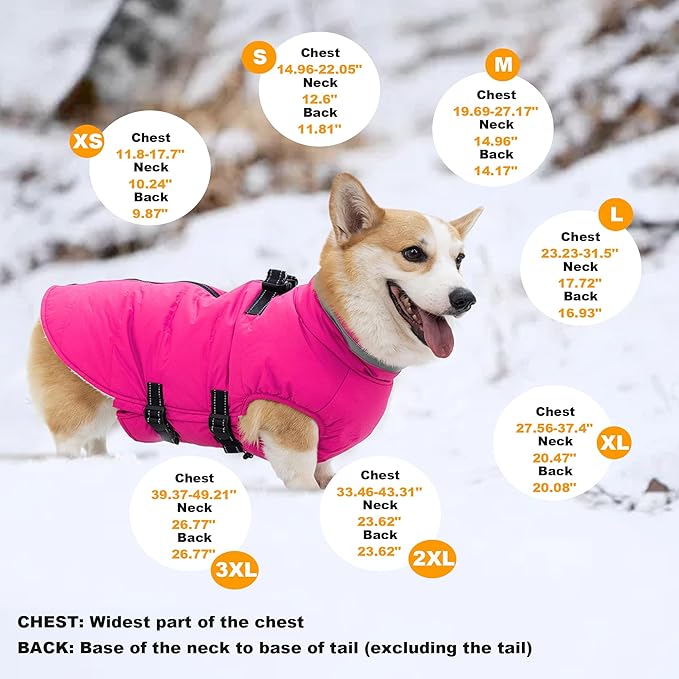 Large Dog Coat with Harness Built-in, Waterproof Reflective Fleece Lined - Warm Windproof Winter Jacket with Back Zipper, Cold Weather Snow Dog Coats - Pink - XL