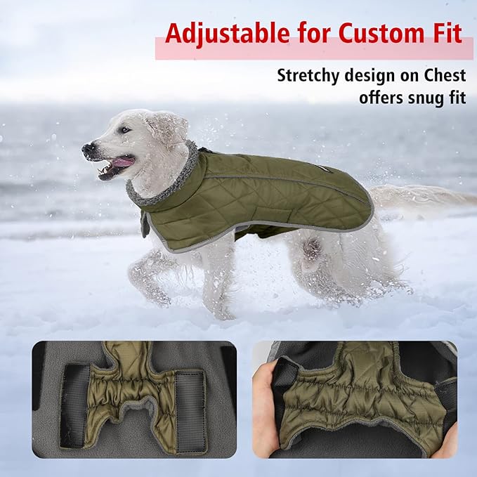 Fragralley Dog Coat Medium, Waterproof Dog Jacket with Warm Fleece Lining, Adjustable Reflective Dogs Winter Coat, Turtleneck Pet Coats for Cold Weather (ArmyGreen M)