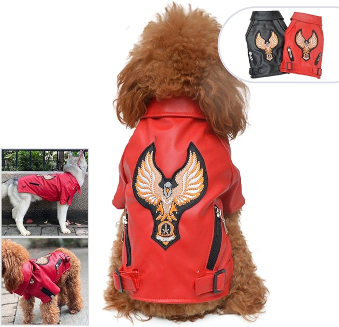 Lovelonglong Cool Dog Leather Jacket, Warm Coats Dogs Windproof Cold Weather Coats for Large Medium Small Dogs with Eagle Embroidery Red S