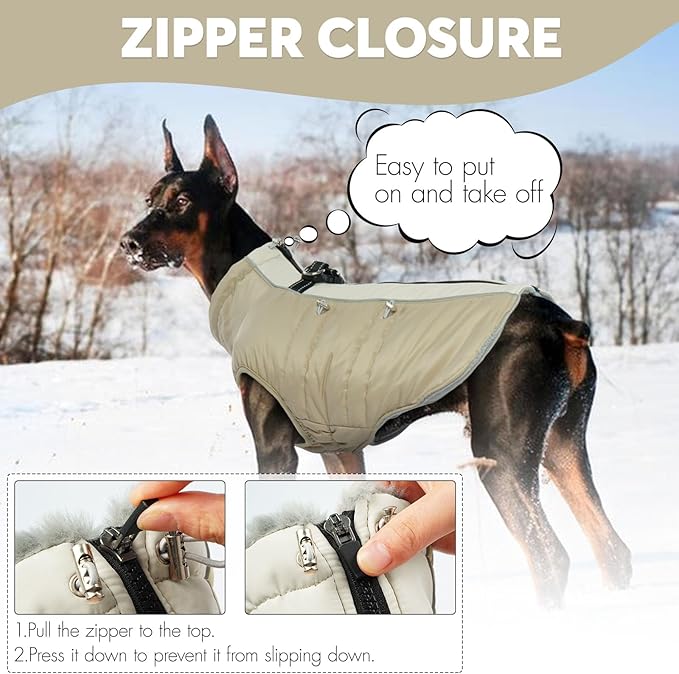 IDOMIK Warm Dog Coat with Harness, Waterproof Reflective Dog Jackets for Small Medium Large Dogs, Fleece High Collar Winter Jacket with Zipper, Pet Winter Snowsuit Clothes for Cold Weather,Khaki L