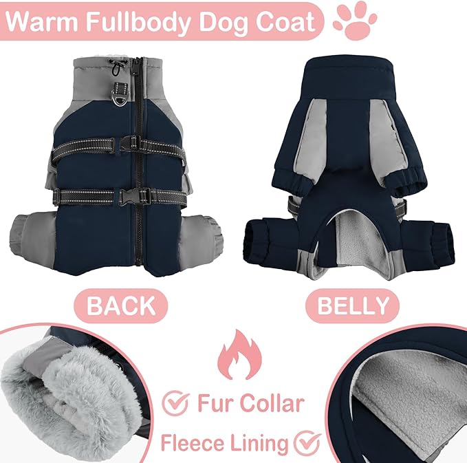 KOESON Four Legged Winter Dog Jacket with Adjustable Buckles, Turtleneck Windproof Fleece Jacket, Reflective Fullbody Puffer Coat Blue Grey M