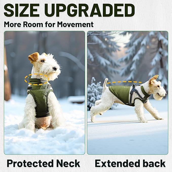Dog Winter Coat for Small & Medium Dogs (Up to 31lb), Waterproof Dog Coat with Harness, Puppies Windproof Puppy Puffer Jacket, Snowsuit for Dachshund,Frenchie, Corgi (Classic Green, Large)