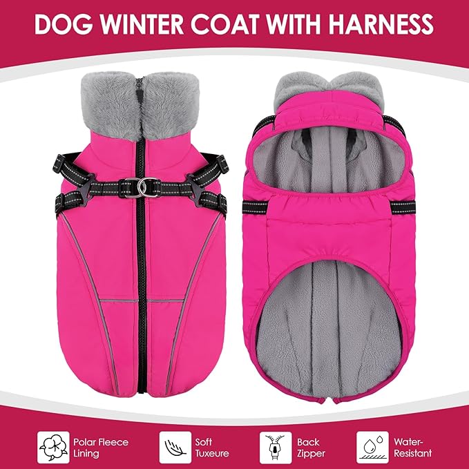 AOFITEE Large Dog Coat, Waterproof Dog Jacket Winter with Harness Built in, Warm Fleece Pet Puffer Jacket with Zipper, Cold Weather Coats for Dogs, Reflective Pet Snowsuit, Great Dane, Pink XXXL
