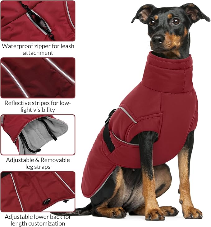Queenmore XL Dog Coat, Winter Dog Jacket for Large Dogs, Waterproof Puffy Dog Snowsuit, Adjustable Reflective Fleece Lining Warm Padding Parka for Cold Weather, Red XL