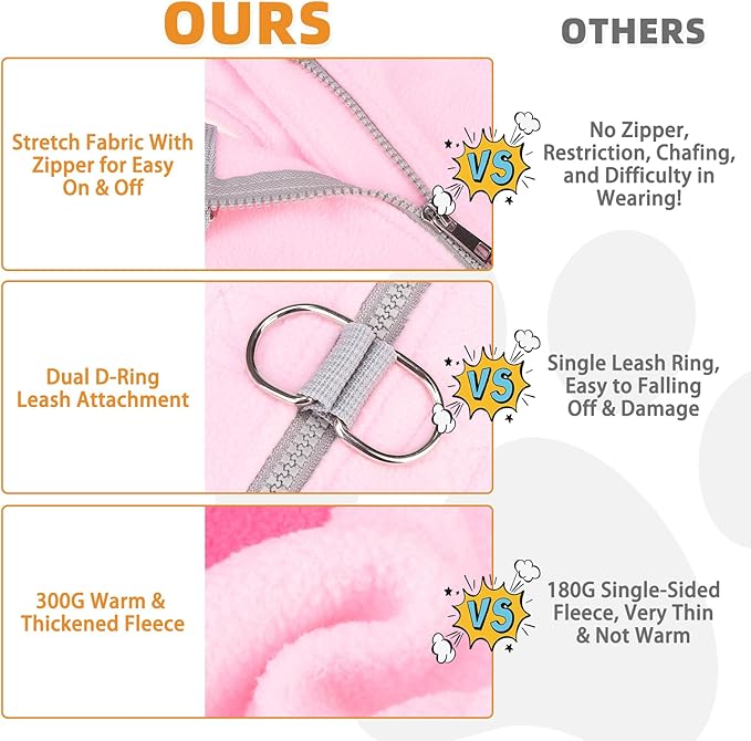 KOOLTAIL Dog Fleece Vest Sweater, Zip Up Step-in Pullover Warm Puppy Jacket with Dual Leash D-Ring for Small Medium Dogs, Cozy Soft Pet Winter Cold Weather Coats Fall Clothes Hoodie Boy Girl, Pink S