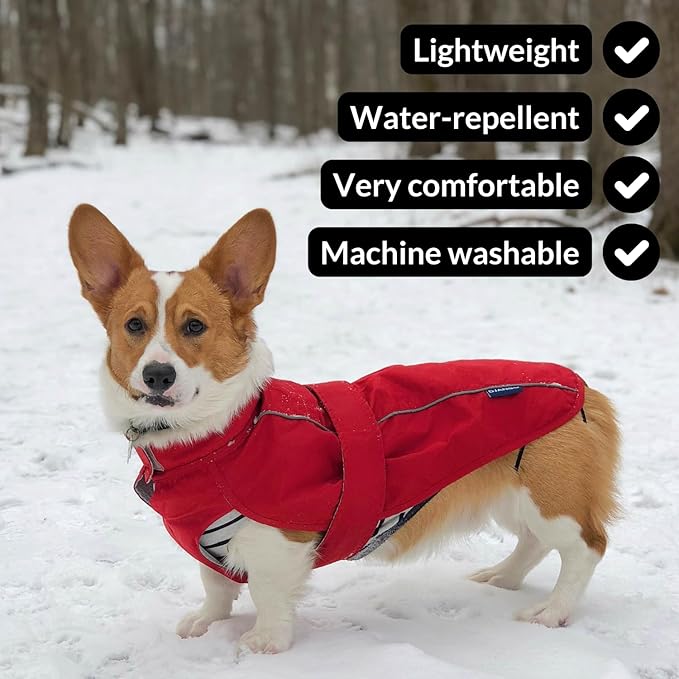DJANGO Dog Jacket & Raincoat – Lightweight Water-Resistant Coat for Small, Medium, Long Dogs, & Dachshunds – Reflective, Adjustable Fit, Harness-Compatible & Easy-Access Harness Hole - Black, Medium