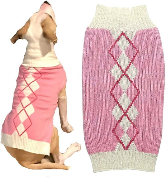 Pink Argyle Knit Dog Sweater for Girl Size Back Length 19" Girth 22-24"