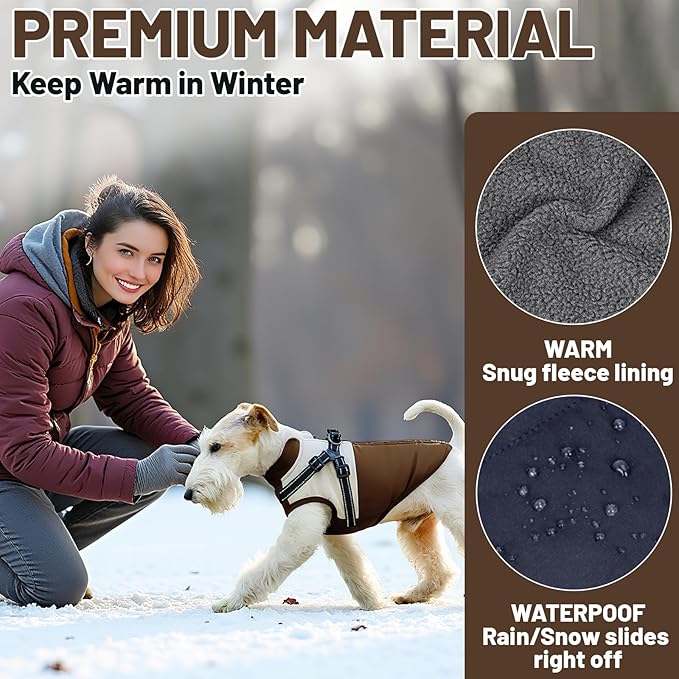Dog Winter Coat for Small & Medium Dogs (Up to 31lb), Waterproof Dog Coat with Harness, Puppies Windproof Puppy Puffer Jacket, Snowsuit for Dachshund,Frenchie, Corgi (Classic Brown, Medium)