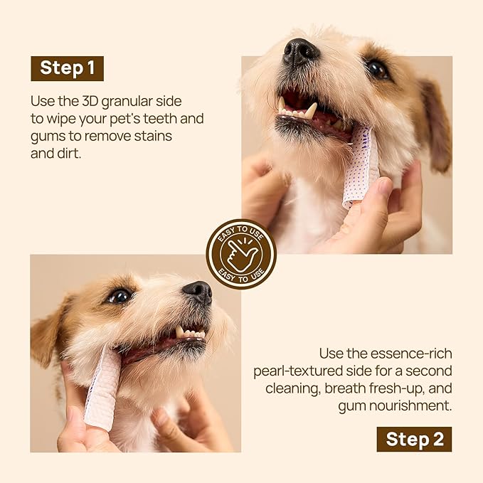 HICC PET Pro Dog Teeth Cleaning Wipes, Vet-Recommended Finger Toothbrush for Dogs & Cats, No-Rinse Dental Care Wipes, Gentle Cleansing & Gum Care, Tooth Brushing Kit Support, 50 Count (Peanut Butter)