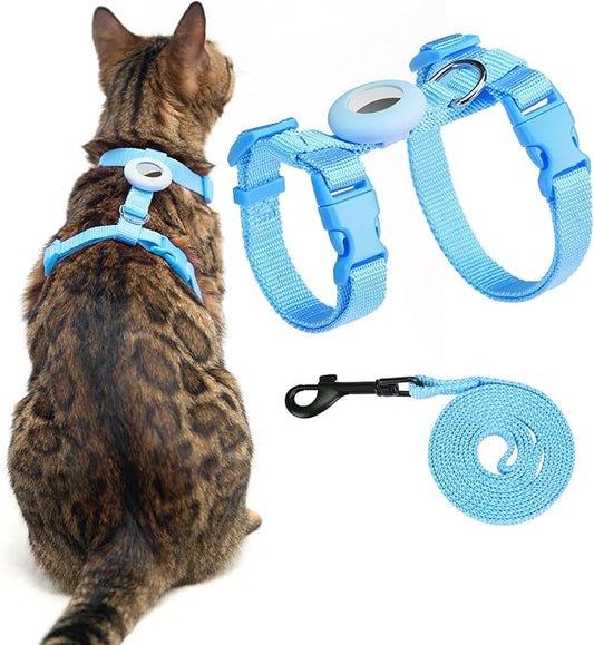 Cat Harness and Leash Set with Airtag Holder for Walking & Travelling, Escape Proof Cat Harness for Small Medium Large Kitten, Adjustable Lightweight Soft Cat Vests (Blue)