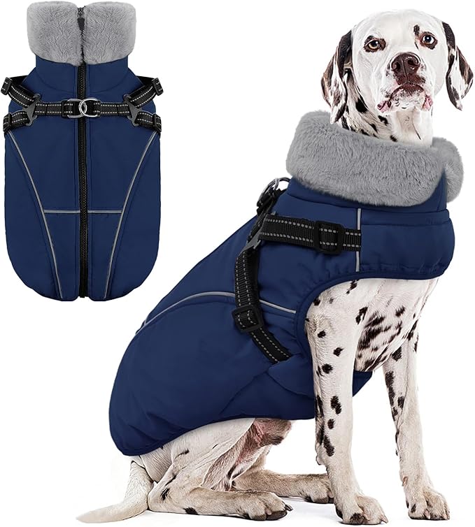 AOFITEE Dog Coat for Large Dogs, Waterproof Dog Jacket with Harness Built in, Warm Fleece Pet Puffer Jacket with Zipper, Cold Weather Coats for Dogs Outdoor, Reflective Pet Snowsuit, Blue XL