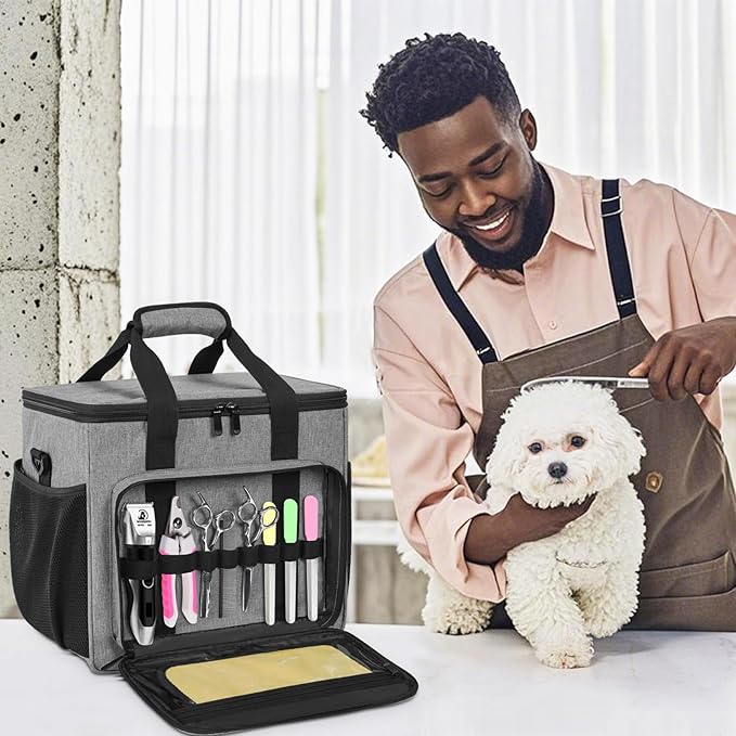 GMAK Pet Grooming Bag, Pets Grooming Tote Bags Supplies Organizer Case Dogs Cats Tools Organizer Tote for Pets Grooming Tools Kit, Clippers, Brush, Scissors or Other Pets Care Supplies, Grey(Bag Only)