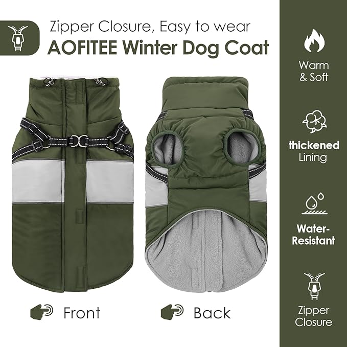 AOFITEE Dog Winter Coat, Dog Coat with Harness Built in, Dogs Jacket for Large Dogs, Reflective Waterproof Pet Puffer Jacket Snowsuit, Warm Fleece Windproof Pet Sweater for Cold Weather, XL