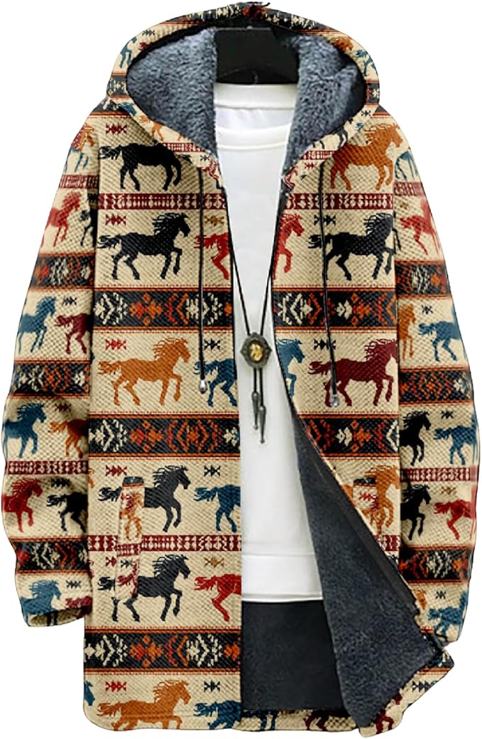 Mens Aztec Print Hoodie Heavyweight Cotton Fleece Jacket Zip Up Warm Long Sleeve Hooded Winter Midi Coat