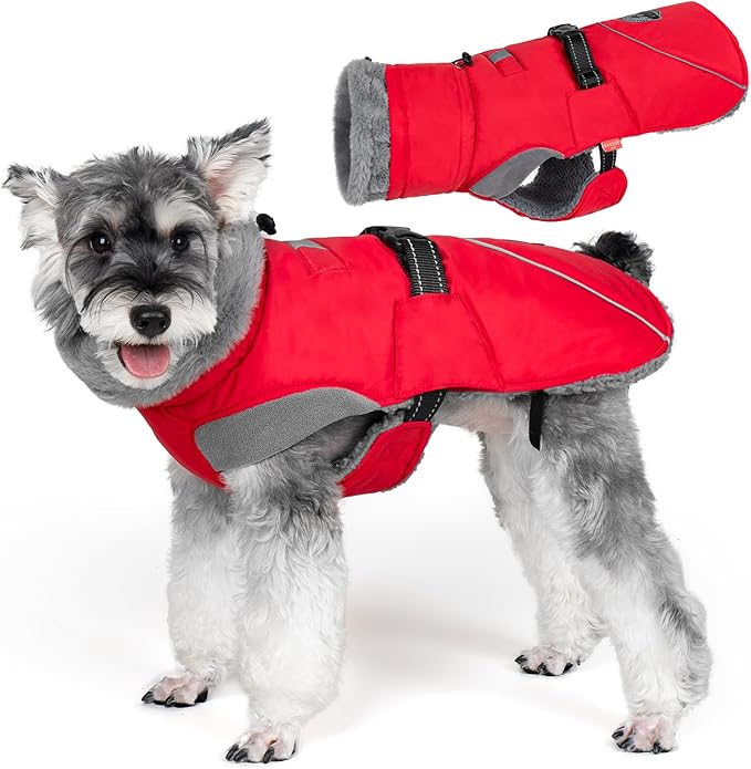 KYEESE Waterproof Dog Coat, Windproof Warm Winter Jacket with Thick Fleece Lined, Turtleneck Dog Coats for Small Dogs with Leash Hole, Reflective Outdoor Cold Weather Coat, Red, Medium