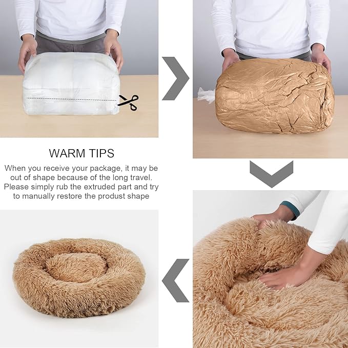 Dog Bed, Cat Calming Bed, Faux Fur Pillow Pet Donut Cuddler Round Plush Bed for Large Medium Small Dogs and Cats