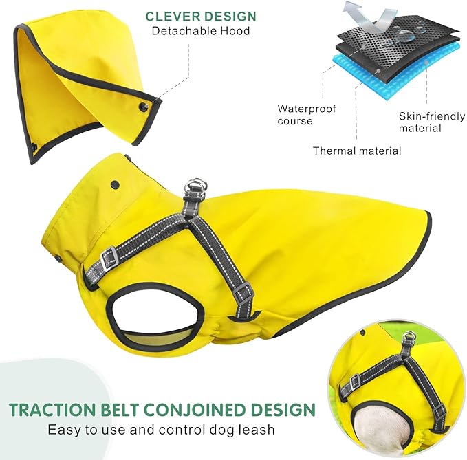 Mosucoirl Dog Raincoat Waterproof Hoodie Reflective Dog Raincoat Hooded Adjustable Rain Jacket for Small Medium Large Dogs Puppies Doggie (Yellow, XL)