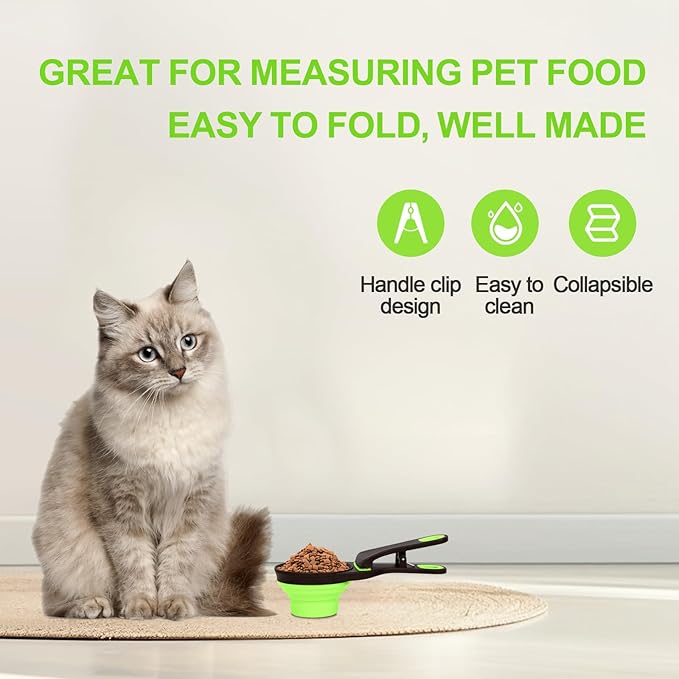 Collapsible Silicone Dog Food Scoop Foldable Pet Food Measuring Cup with Bag Clip 3 in 1 Multi-Function Silicone Dog Food Scooper (Green, Small)