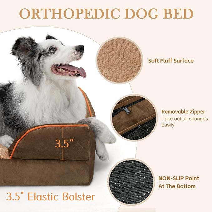 Comfort Expression Orthopedic Dog Bed for Small Dogs 20x14 Inch, Waterproof Supportive Egg Crate Foam Small Pet Bed with Removable Bolsters, Dog Couch with Washable Cover & Non-Slip Bottom, Brown