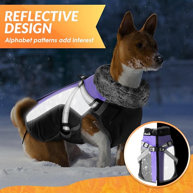 SlowTon Dog Jacket with Harness Built in - Waterproof Fleece Winter Warm Dog Coats for Small Medium Dogs, Reflective Adjustable Furry Puppy Vest Clothes for Outdoor Walking (Purple & Grey, S)