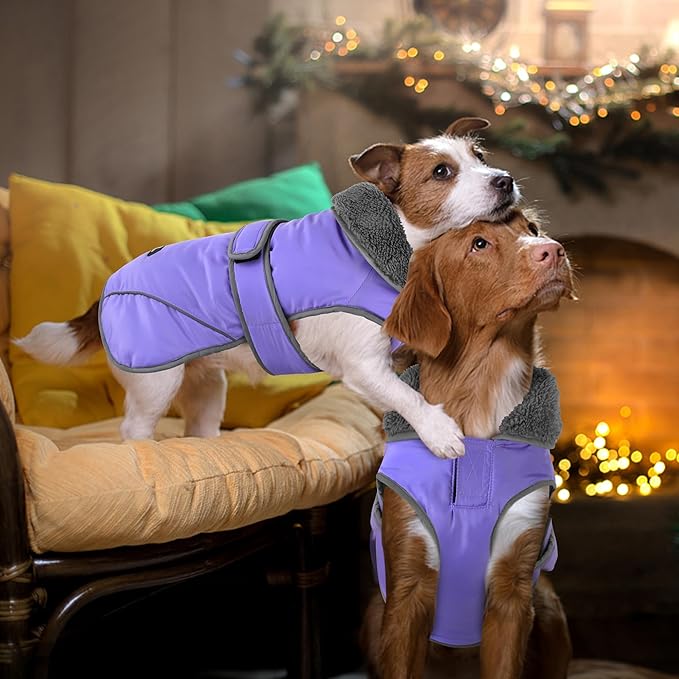 Dogcheer Dog Coat, Waterproof Dog Jacket Reflective Pet Winter Coat with Adjustable Hook & Loop, Christmas Puppy Fleece Jacket Warm Turtleneck Snowsuit for Small Medium Large Dogs - Taro Purple, 2XL