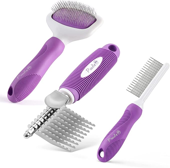 Poodle Pet Bundle - Detangling Pet Comb for Removing Matted Fur, Knots, and Tangles + Dematting Fur Rake Comb Brush for Dogs and Cats + Slicker Brush for Grooming and Deshedding Pet Undercoat Hair