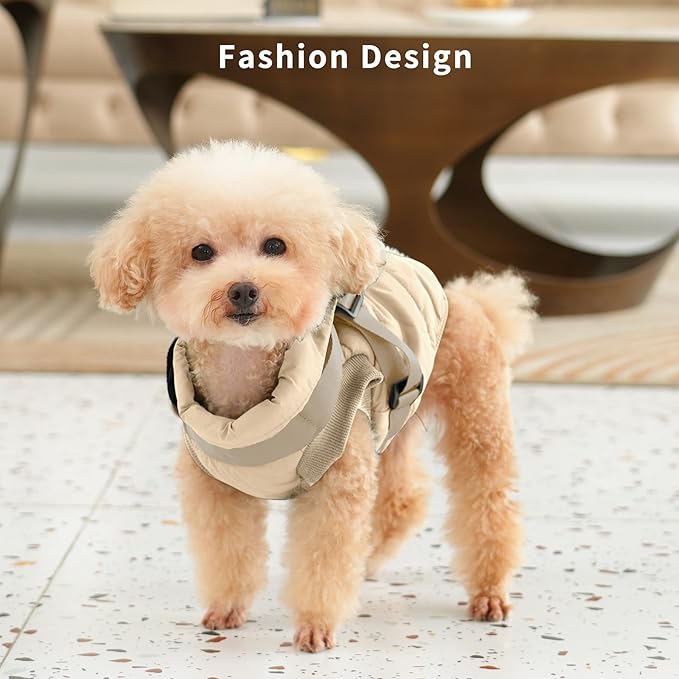 Dog Jacket with Harness,Fleece Lined Warm Puppy Coat for Winter,Soft Windproof Small Dog Vest,Khaki S