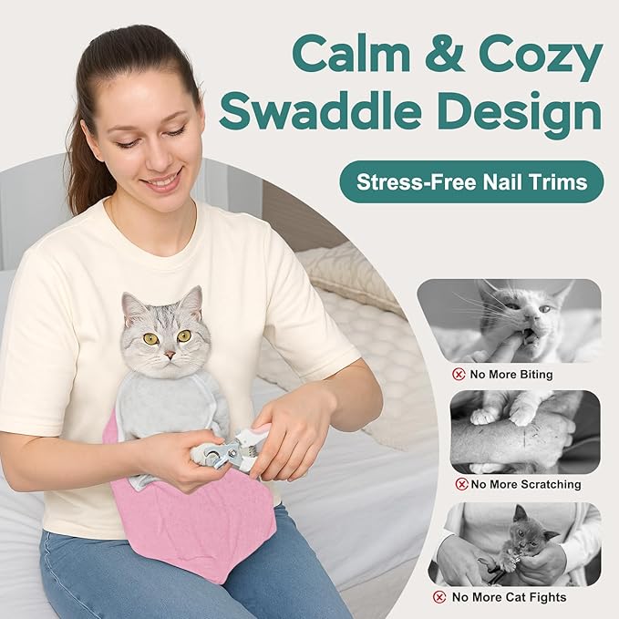 Self-Adhesive Cat Grooming Wrap, Cozy Cat Wrap for Cutting Nails, Breathable Anti-Scratch Cat Swaddle Bag for Brushing, Ear Cleaning, Dental Care, Medication, Injections, Pink S