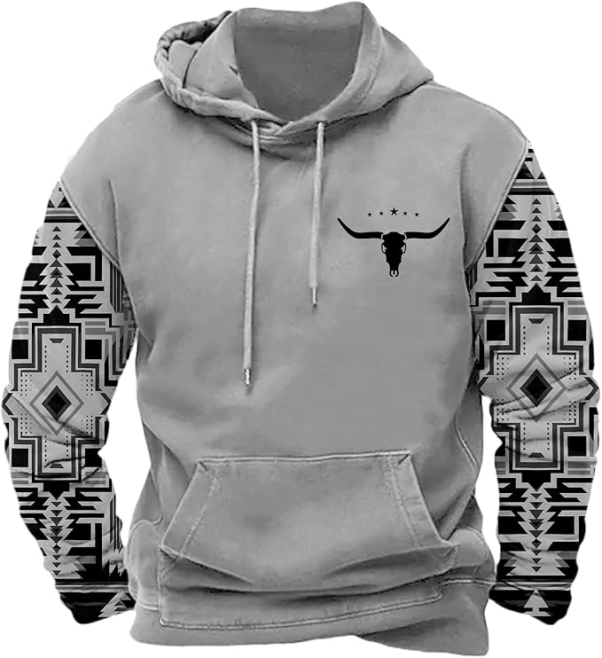 HOTYD Mens Western Aztec Sweatshirts Long Sleeve Fall Fashion Drawstring Pullover Vintage Graphic Cowboy Hoodie for Men