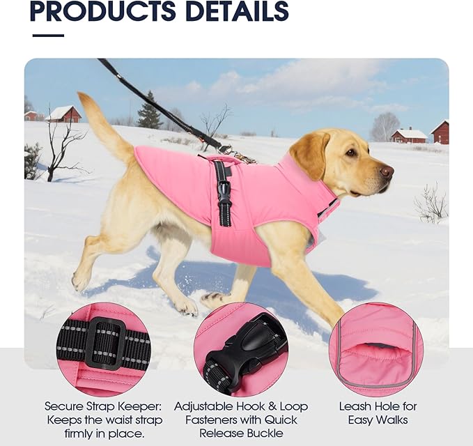 IECOii Jacket for Dogs - Reflective, Adjustable & Windproof Winter Coat with Quick-Release Buckles, Waterproof, Warm Fleece Lined Vest for Walking, Camping, Pink, Size 5XL