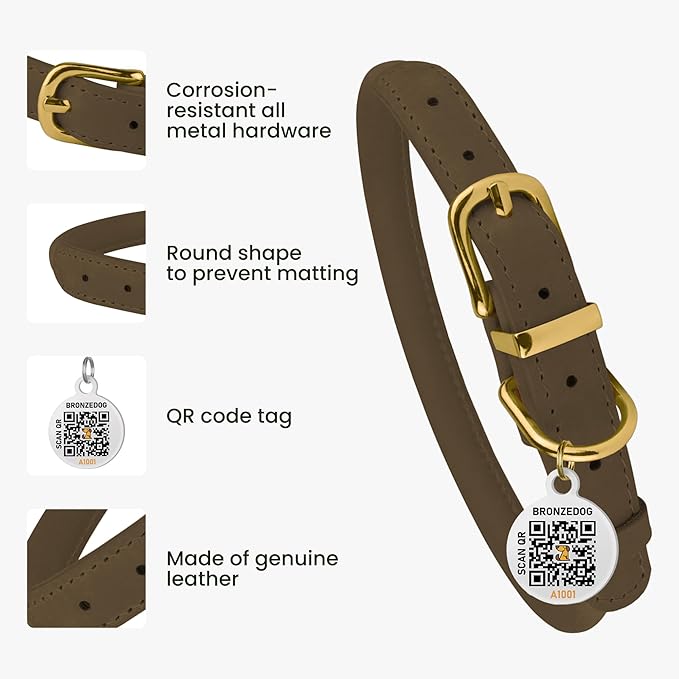 BronzeDog Rolled Leather Dog Collar with QR ID Tag, Adjustable Soft Round Collars for Small Medium Large Dogs Puppy (11" - 14 1/2" Neck Size, Nut Brown)
