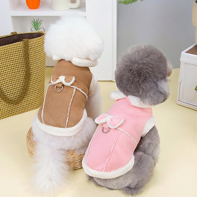 Jecikelon Bowtie Dog Cold Weather Coat Fleece Lining Warm Pet Puppy Turtleneck Dogs Winter Coats for Small Dogs Jacket with D-Ring Leash (Medium, Pink)