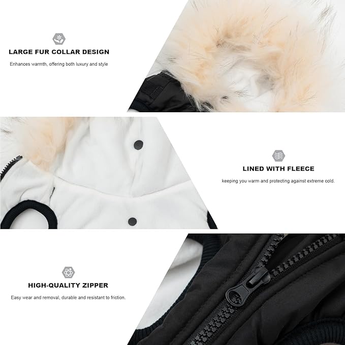 PINA Dog Winter Coat Winter Jacket with Waterproof Fabric, Faux Fur Hood, Reflective Strap for Small Medium Large Dogs, Black, 3XL