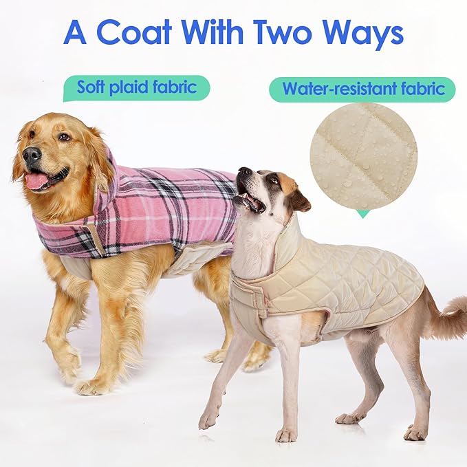 MIGOHI Reversible Dog Jacket, Windproof Waterproof Winter Coat for Cold Weather, British Style Plaid Warm Dog Vest, Pink, S