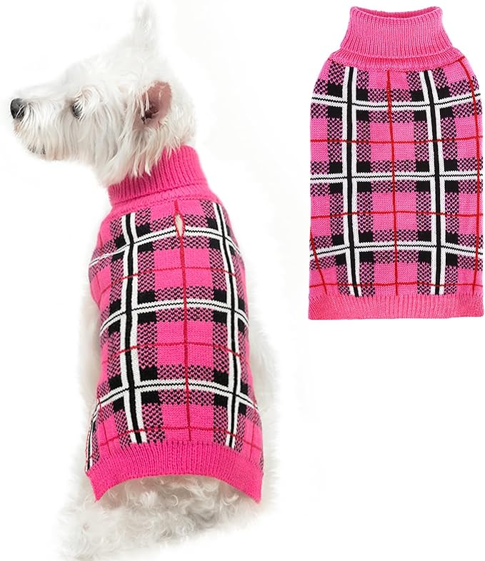 PUPTECK Dog Sweaters for Large Medium Small Dogs - Fall Classic Plaid Style Puppy Holiday Winter Coat Clothes Warm, Fuschia, SM