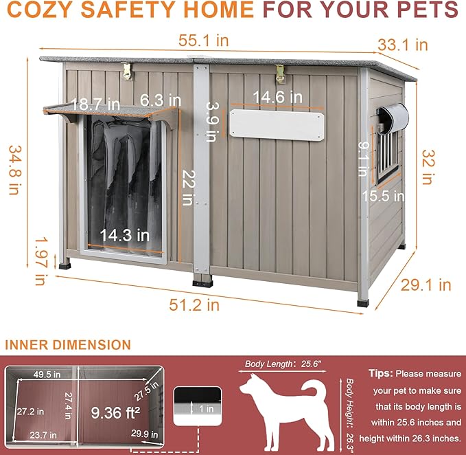 Outdoor Dog House Weatherproof, Wooden Puppy Shelter with Anti-Chewing Iron Frame and Elevated Floor, Sturdy Dog Kennel for Small, Medium & Large Dogs (Gray, 51" L x 29" W x 32" H)