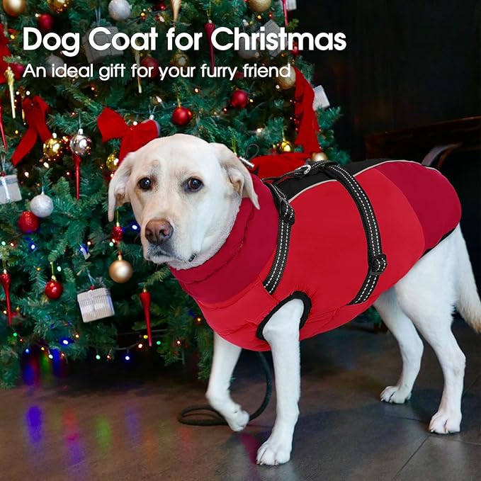 SUNFURA Dog Winter Coat, Warm Dog Coat with Harness for Medium Dogs Boys Girls, Reflective Fleece Lined Pet Winter Jacket Snowsuit for Pug, Jack Russel, Schnauzer, Red M