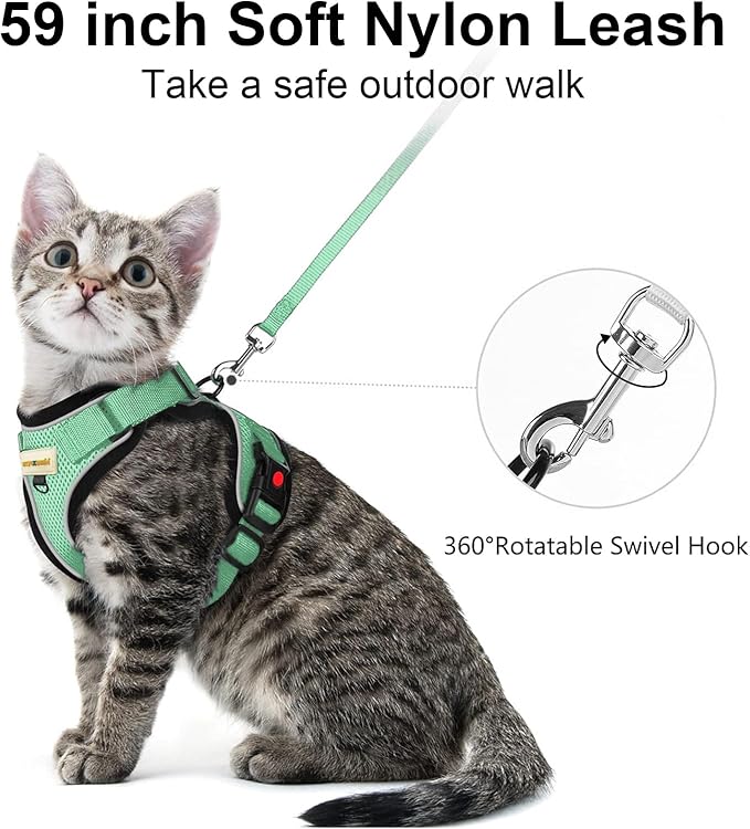 Cat Harness and Leash for Walking, Retractable Cat Harnesses and Leash Set Escape Proof, Breathable Soft Kitten Small Large Harness for Travel Training and Walking, Green, M