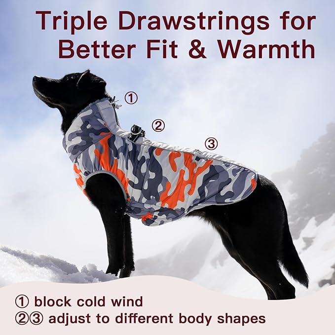 Dog Coat Dog Winter Jacket-3X Large, Warm Dog Coat Zip Up Snowsuit Dog Harness Vest Reflective Water-Resistant Dog Coat Dog Snow Jacket for Large Dogs Labrador, Huskyn, Orange-Camouflage