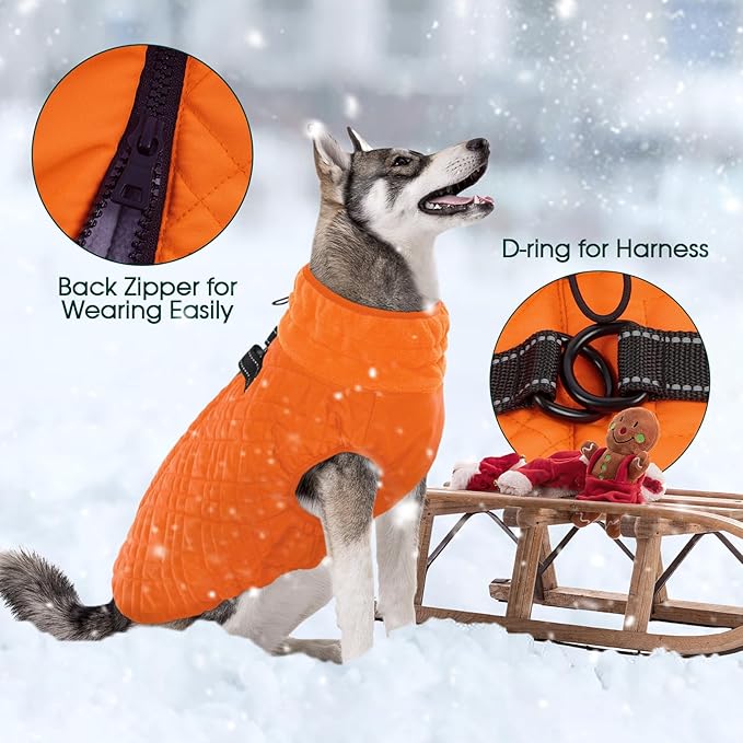 Kuoser XXXL Thermal Dog Suit | Extra Giant Apparel for St. Bernards | D-Ring Safety System Prevents Escape During Storms, Orange XXL