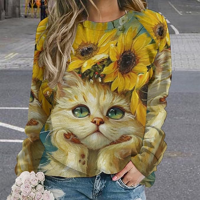 Long Sleeve Shirts for Women Cat Oil Painting Shirt 3D Graphic Sweatshirts Fall Pullover Crewneck Vintage Boho Tops