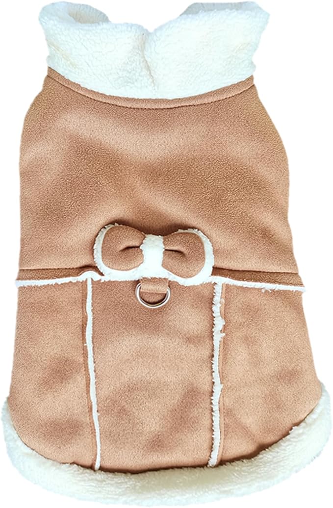 Jecikelon Bowtie Dog Cold Weather Coat Fleece Lining Warm Pet Puppy Turtleneck Dogs Winter Coats for Small Dogs Jacket with D-Ring Leash (Small, Khaki)